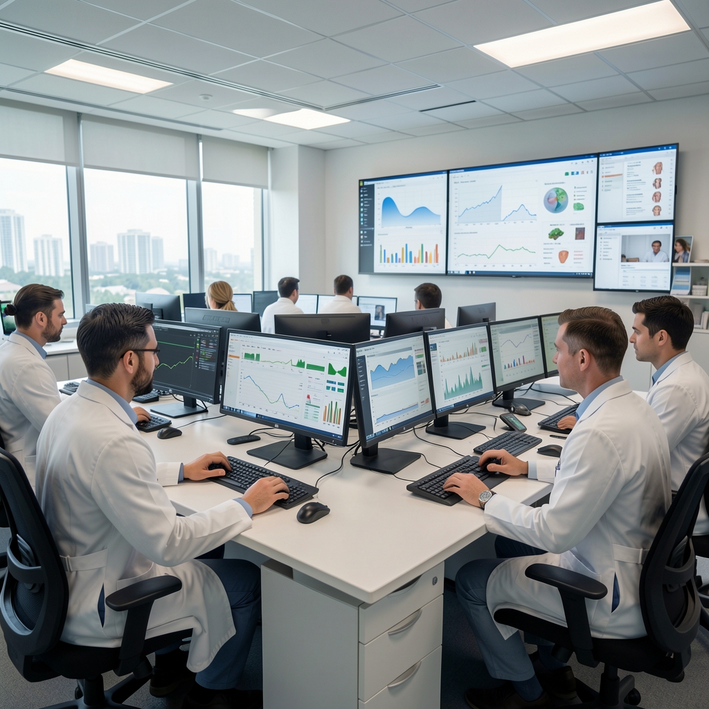 Modern hospital IT command center with medical professionals monitoring patient data dashboards and electronic health record systems
