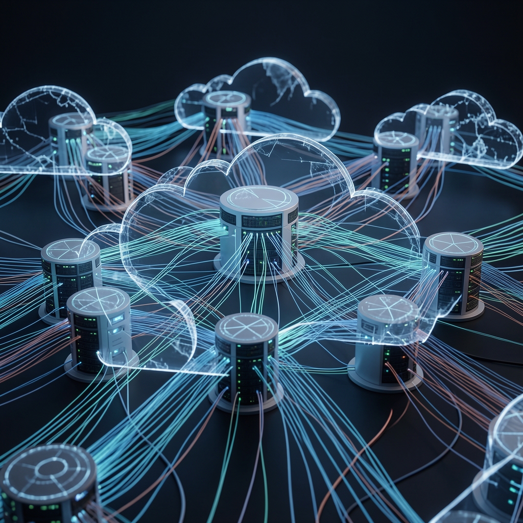 Abstract visualization of interconnected cloud data centers with fiber optic network lines on a dark background symbolizing multi-cloud infrastructure