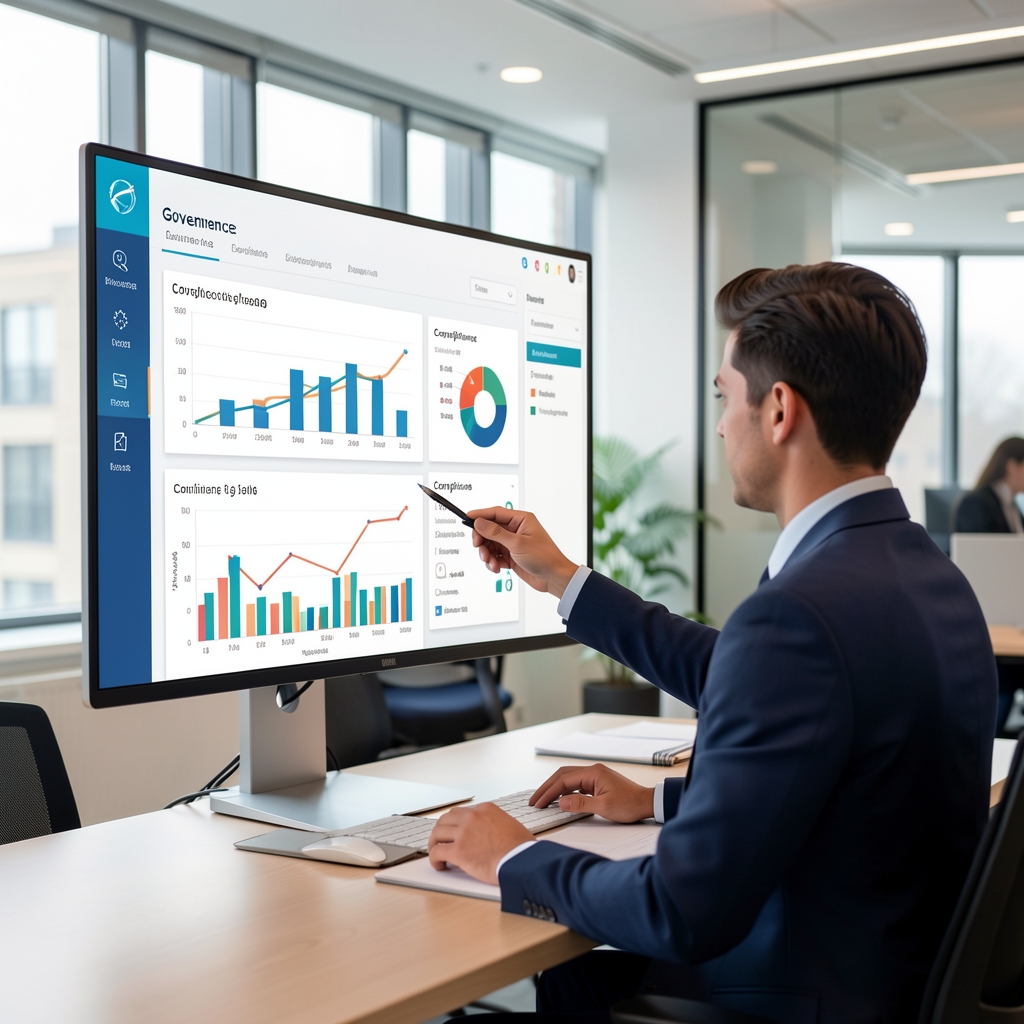 Business analyst reviewing data governance dashboard with charts and compliance metrics on a large monitor in a modern office setting