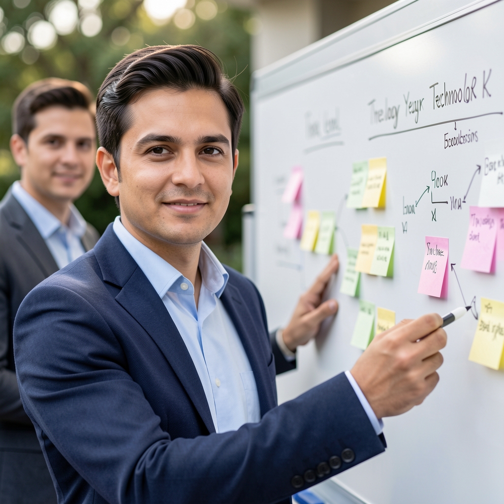IT leadership team around a whiteboard mapping out a three-year technology roadmap with sticky notes and architectural diagrams