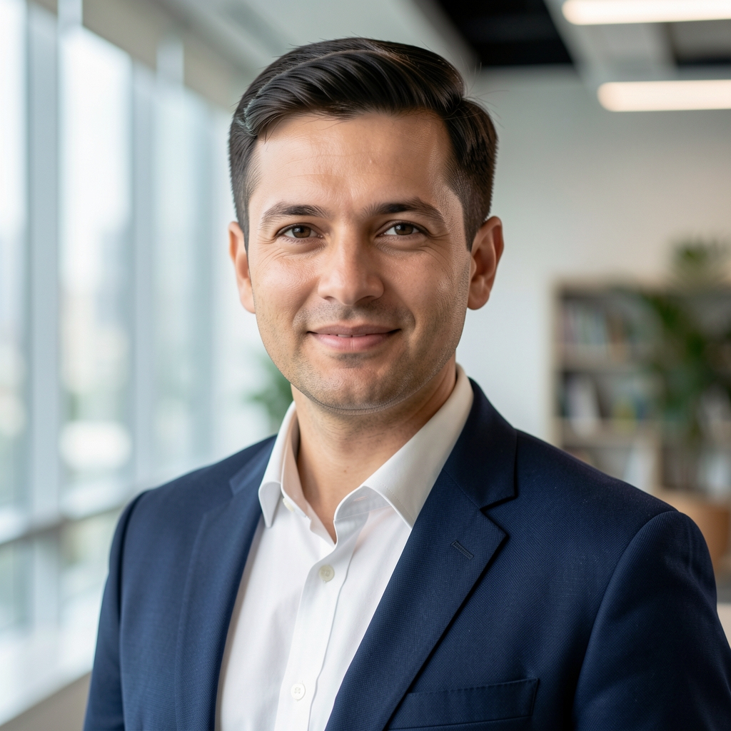 Professional headshot of a digital transformation strategist and technology change management consultant in a modern office setting